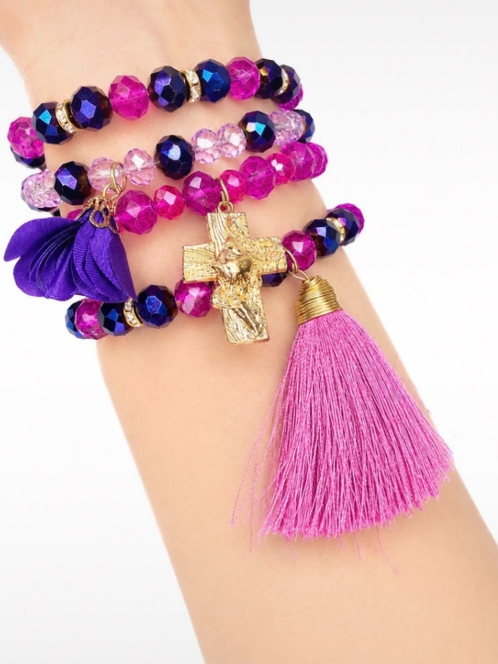Vibrant Pink & Purple Beaded Tassel Bracelet Set